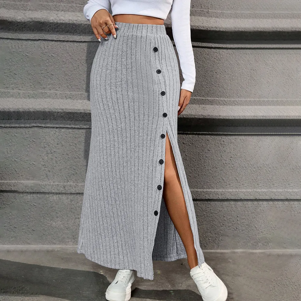 Women's Simple Commuting Pencil Skirt Autumn Winter New Versatile High Waist Flowy Long Skirt - Gray