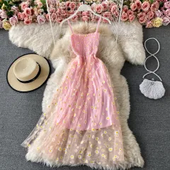 Women's Casual Sling Floral Skirt French Dress - Pink - View 1