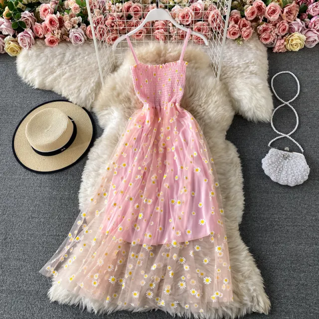 Women's Casual Sling Floral Skirt French Dress Pink - Shop at LoveMi