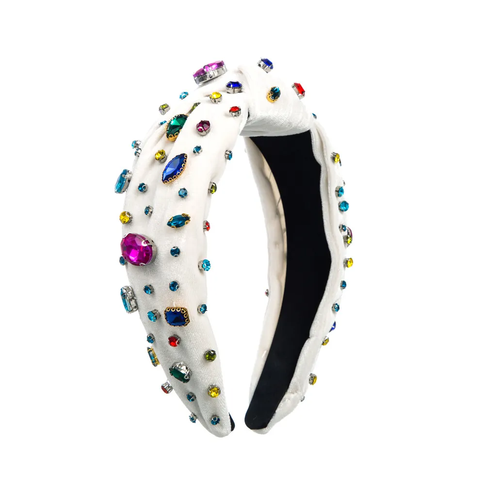 Colorful Crystals Knotted Fashion New Fabric Craft Full Diamond Headband - White