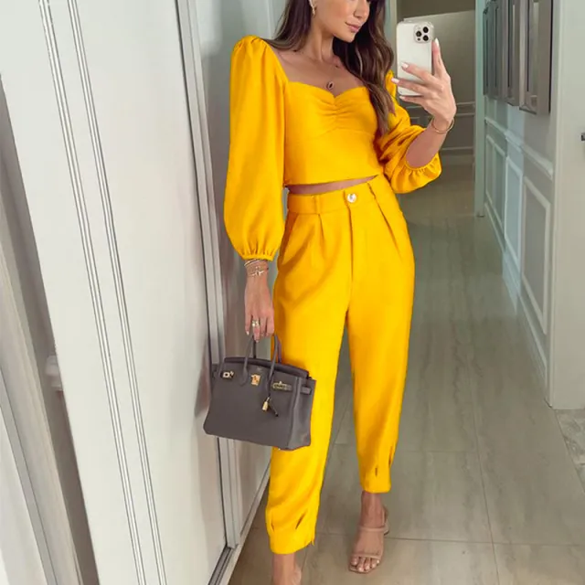 Fashion Matching Suit Temperament Pure Color Square Collar Long Sleeve Top High Waist Ankle tied Trousers Two piece Set Yellow - Shop at LoveMi
