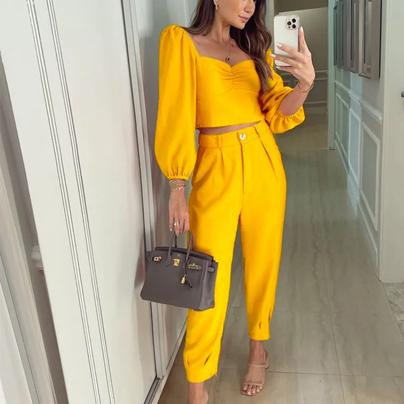 Fashion Matching Suit Temperament Pure Color Square Collar Long Sleeve Top High Waist Ankle-tied Trousers Two-piece Set - Yellow