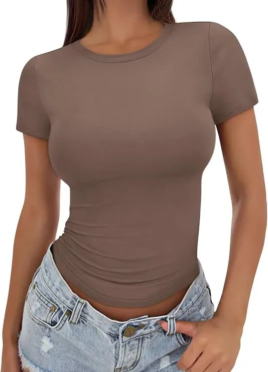 Short Sleeve Slim Fit European And American Top Brown - Shop at LoveMi