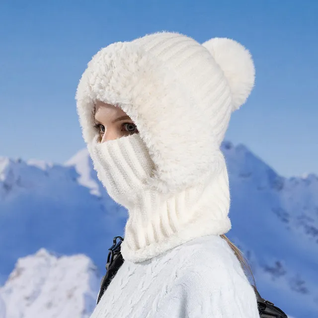 Knitted Hat Scarf Mask One piece Hat Women's Winter White - Shop at LoveMi