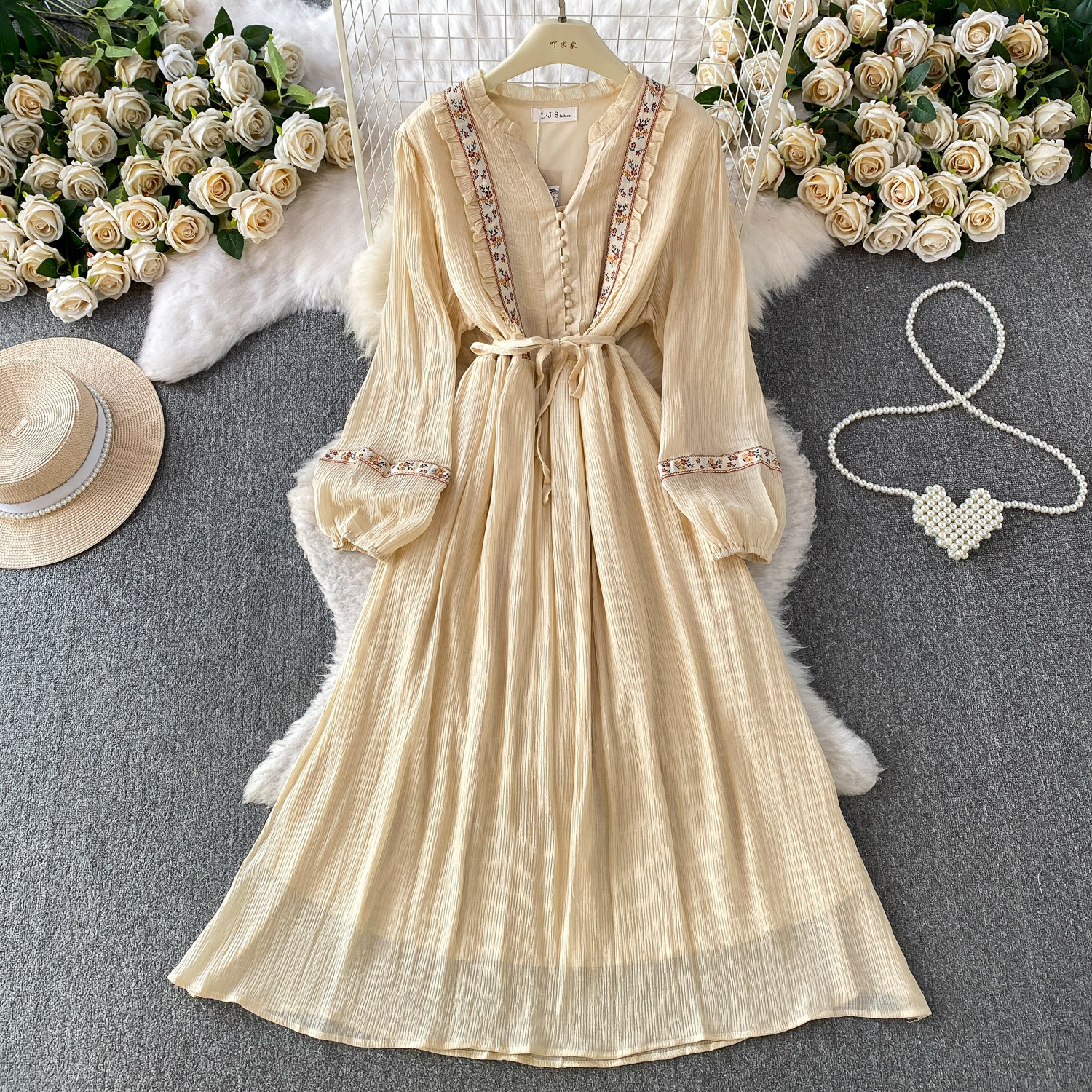 Womens Retro Embroidered Ruffle-Trim V-Neck Dress
