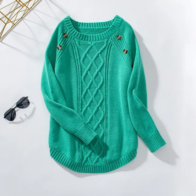 Women's Knitwear Button Loose Pullover Twisted Flower Green - Shop at LoveMi