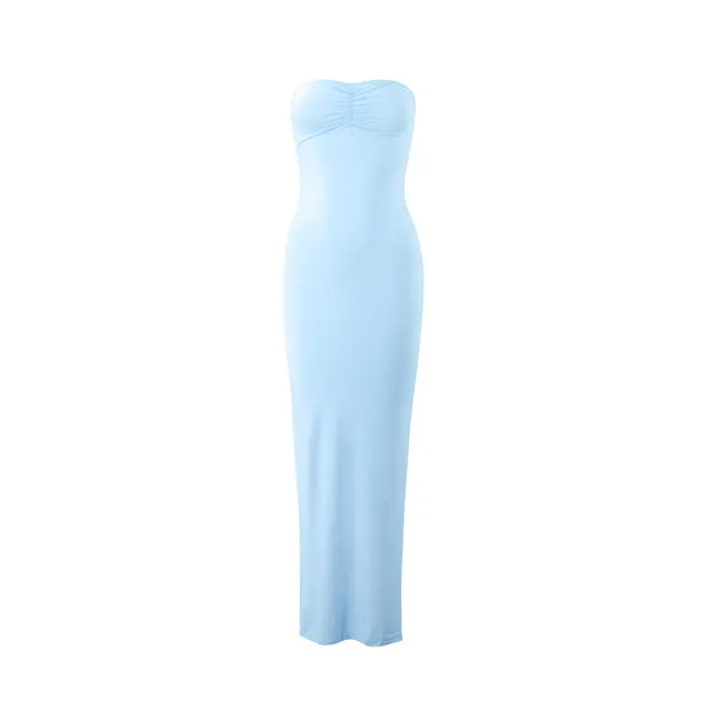 Spicy Girl Style Tube Top Bodycon Side Slit Long Solid Color Dress Blue - Shop at LoveMi