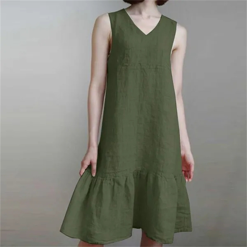 Loose fit V neck Solid color Pleated Strap Sundress In Cotton And Linen Army Green - Shop at LoveMi