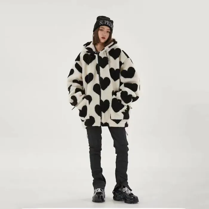 Women's Winter Love Plush Loose Hooded Coat - Black Heart Shape Sy