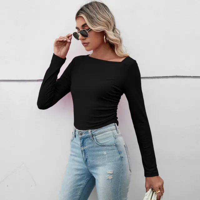 Temperament Commuting Slim fit Ultra short Solid Color Women's T shirt Top Black - Shop at LoveMi