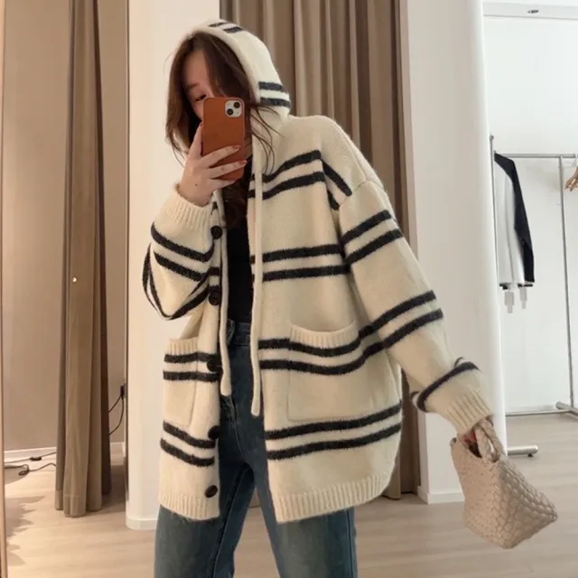 Fall Winter Hooded Striped Knitted Cardigan Women's Top Loose And Lazy Style Coat Beige - Shop at LoveMi