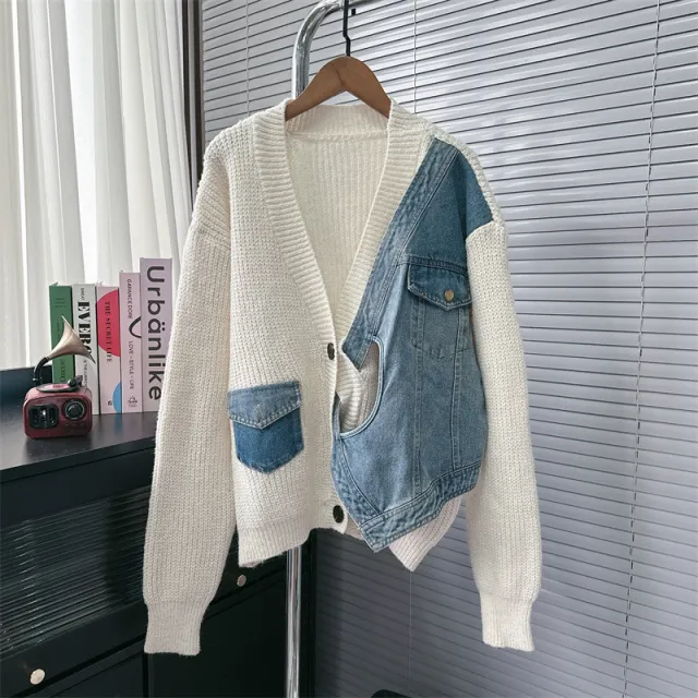 Design Sense Niche Stitching Denim Sweater Coat Fake Two piece Knitted Cardigan Beige - Shop at LoveMi