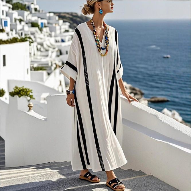 Womens Digital-Print V-Neck Striped Dress