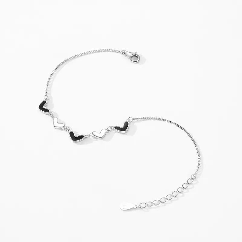 S925 Sterling Silver Black Epoxy Heart Bracelet