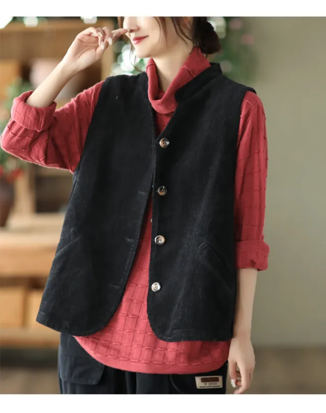 Autumn Retro Cotton Corduroy Loose Sleeveless Vest Coat Black - Shop at LoveMi