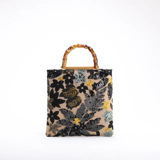 Colorful Sequins Vintage Embroidered Bamboo Handbag Black - Shop at LoveMi