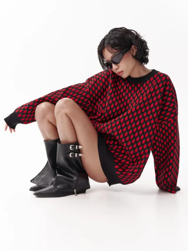 Leisure Pullover Strawberry Embroidery Contrast Color Black - Shop at LoveMi