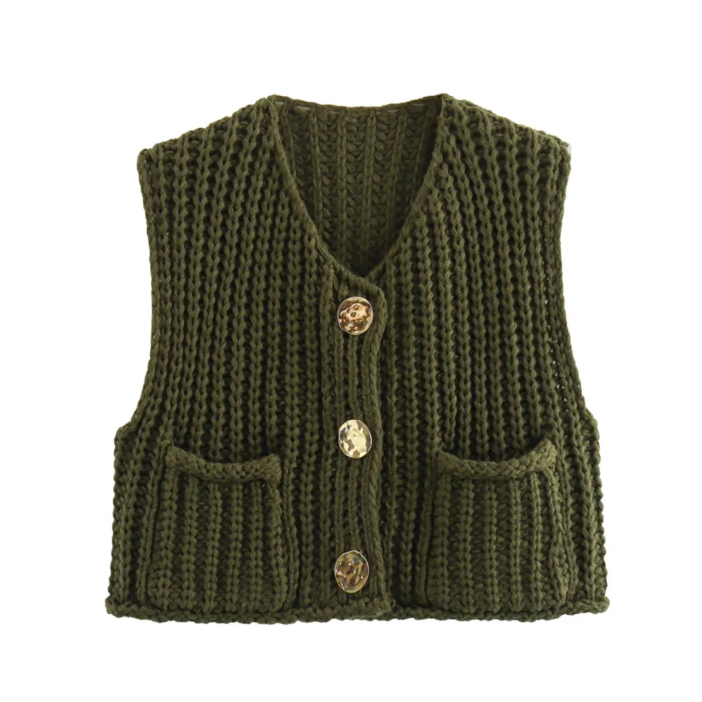 Women's Pocket Sleeveless Short Knitted Cardigan Vest Shirt - Army Green