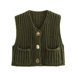 Women's Pocket Sleeveless Short Knitted Cardigan Vest Shirt - Army Green - View 1
