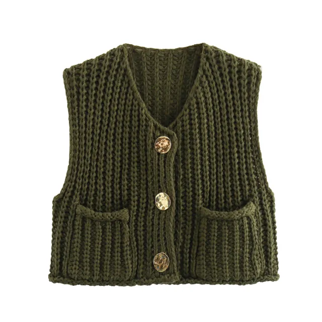 Women's Pocket Sleeveless Short Knitted Cardigan Vest Shirt Army Green - Shop at LoveMi