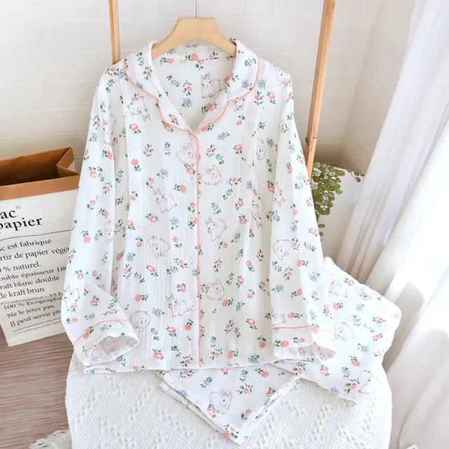 Pure Cotton Soft Breastfeeding Spring Crepe Can Be Worn Outside Sweat absorbent Comfortable Long Sleeve Trousers White Small Flower Moon Rabbit - Shop at LoveMi