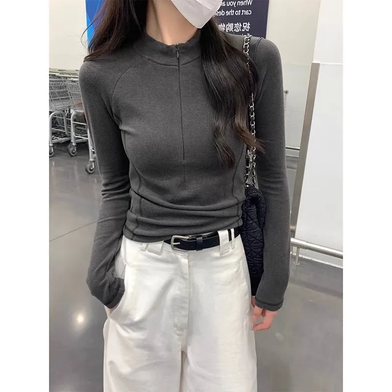 Grey Half Turtleneck Tight Dralon T-shirt Slim Fit Inner Wear Long Sleeve Bottoming Shirt - Grey