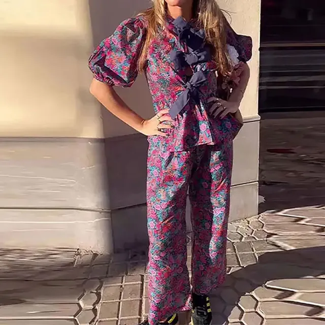Leisure Floral Tie neck Long Sleeve Trousers Suit - Shop at LoveMi