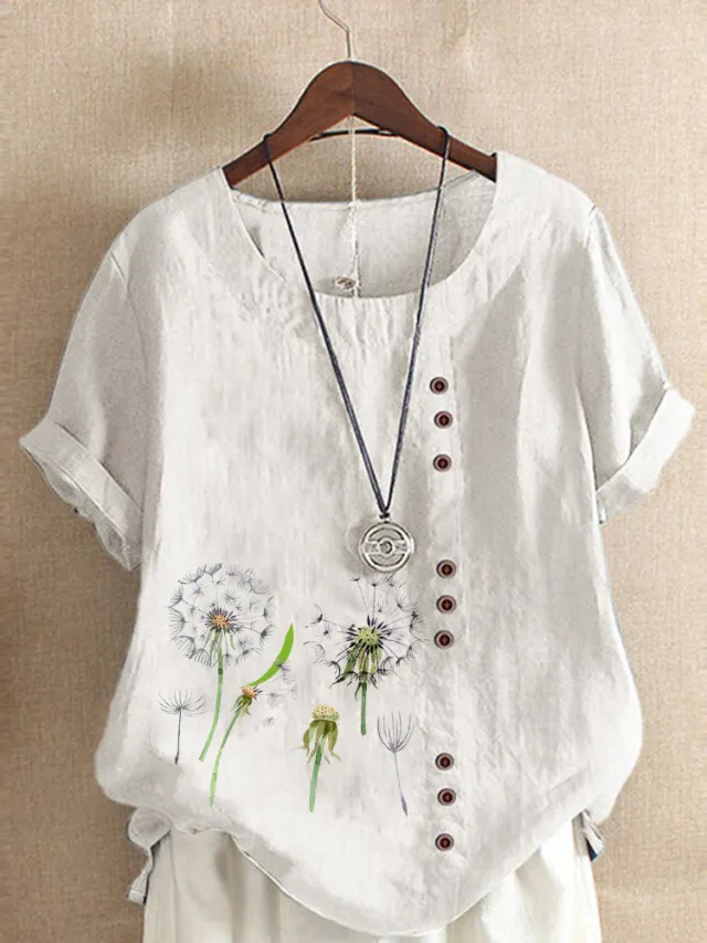 Artistic Retro Cotton And Linen Printed Casual Shirt Women's Top White - Shop at LoveMi