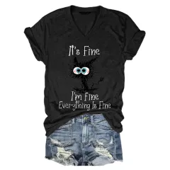 Pleated V-neck Women's Black Cat Print Pullover Loose T-shirt - Black - View 1