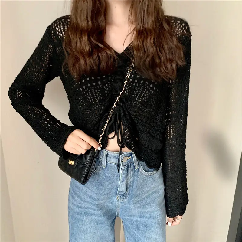Drawstring V-neck Relaxed-fit Sun-protective Long-sleeve Cover-up