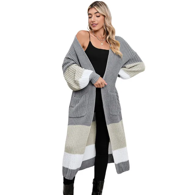 Fall Winter Fashion Color Matching Long Cardigan Warm Outerwear Knitwear Gray - Shop at LoveMi