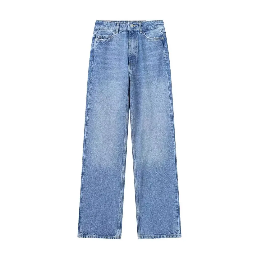 European And American Style High Waist Straight Long Jeans - Light Blue