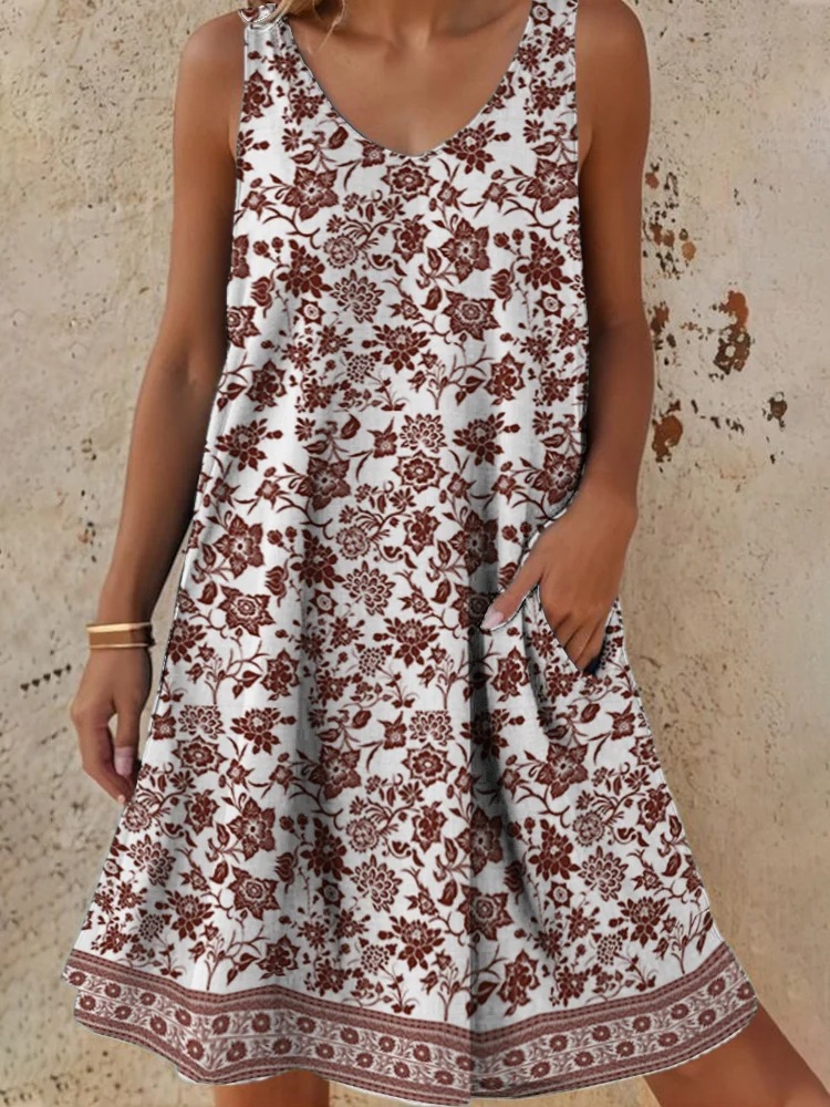 Women's Crew Neck Casual Printed Loose Vest Dress