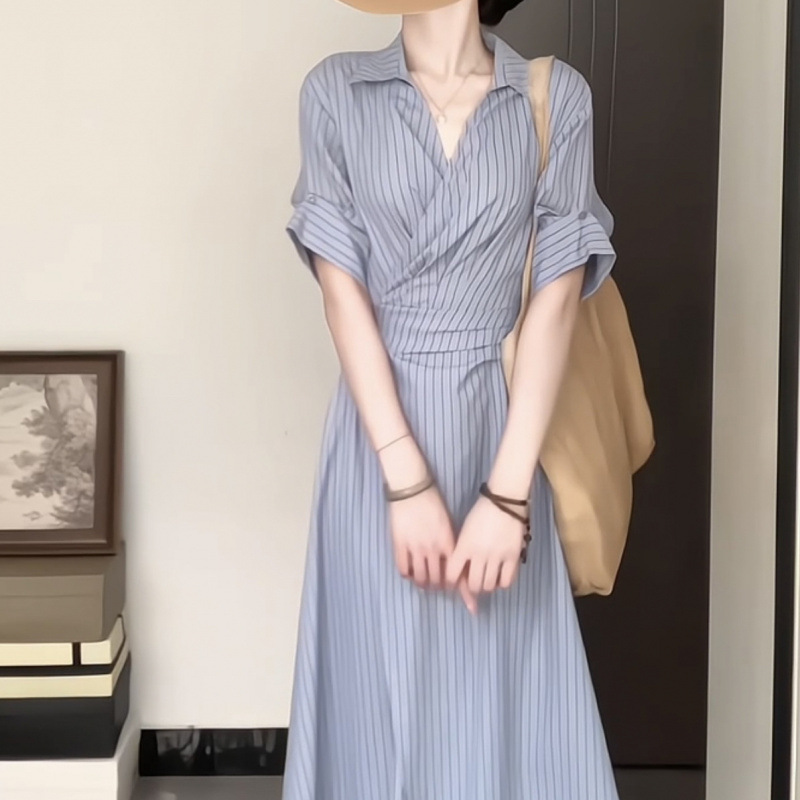 Capable Blue And Gray Strip Yarn dyed French Retro Shirt Dress Shirt Dress - Shop at LoveMi
