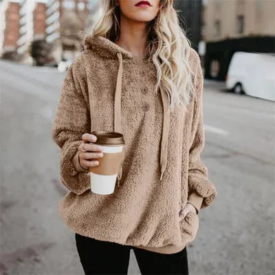 Women's Long Sleeve Hooded Solid Color Hoodie Khaki - Shop at LoveMi