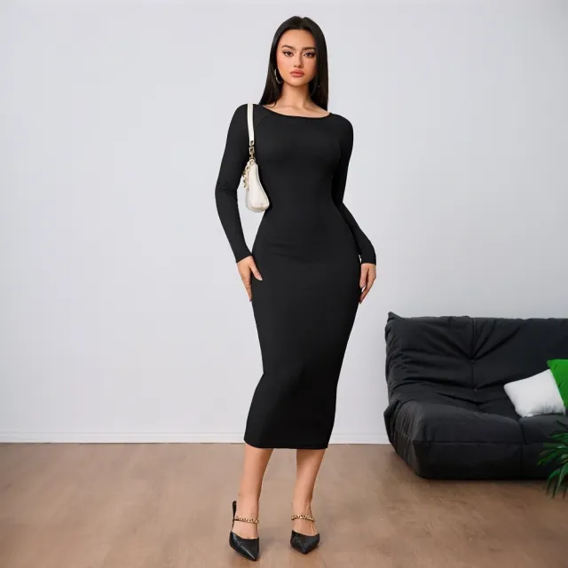 Women's Fashion Simple Dress Autumn Winter Sexy Backless Bodycon Midi Skirt Black - Shop at LoveMi