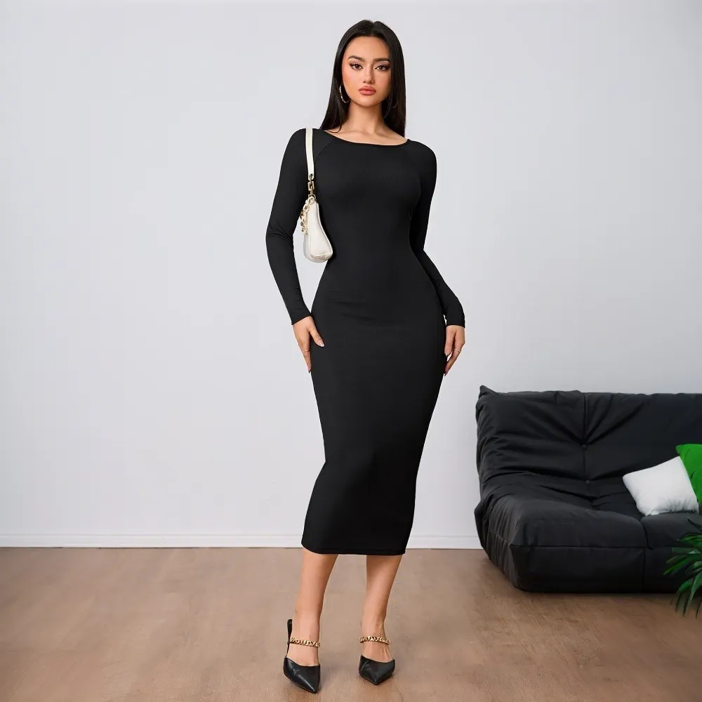 Women's Fashion Simple Dress Autumn Winter Sexy Backless Bodycon Midi Skirt - Black