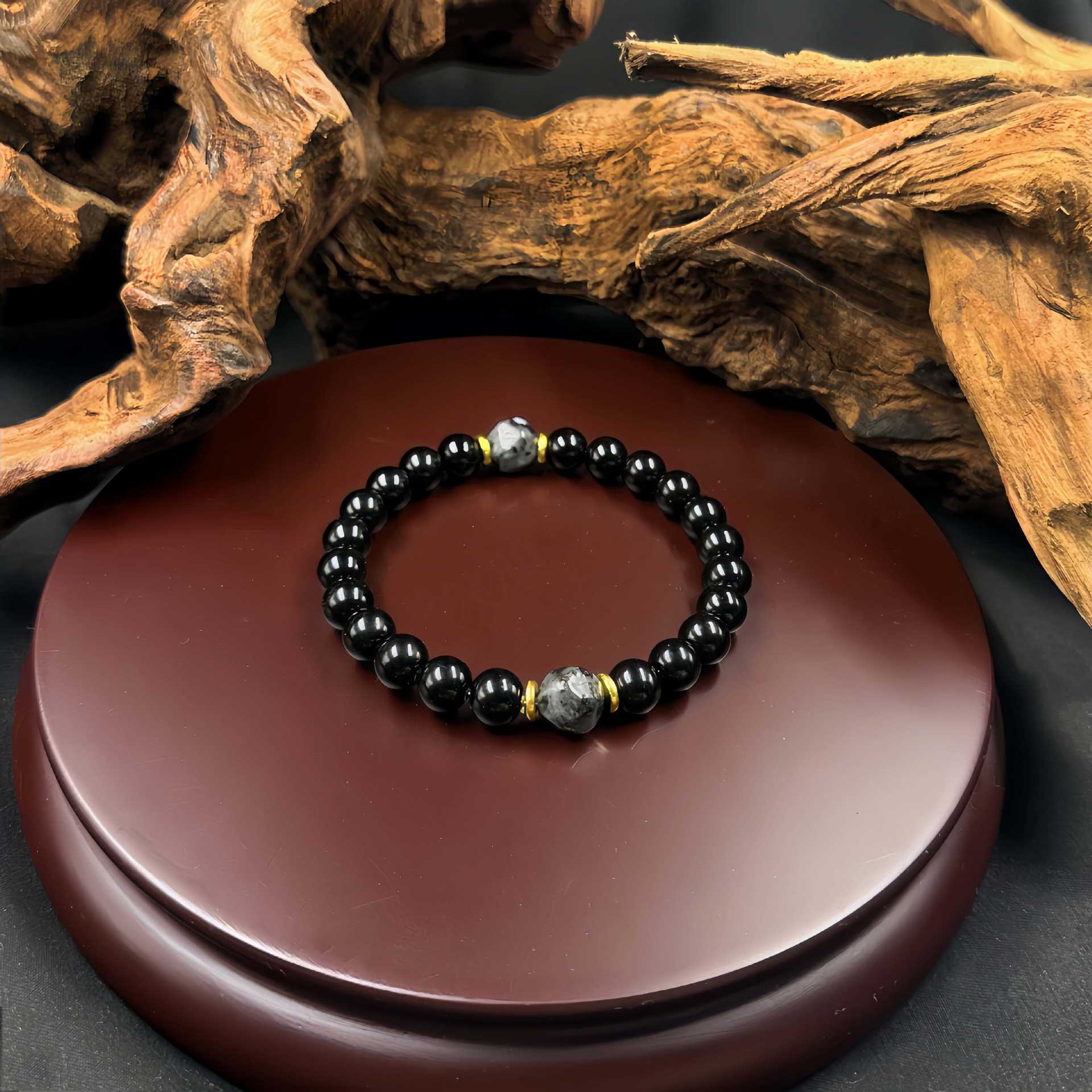 Retro Obsidian Elastic Handmade Mens Bracelet