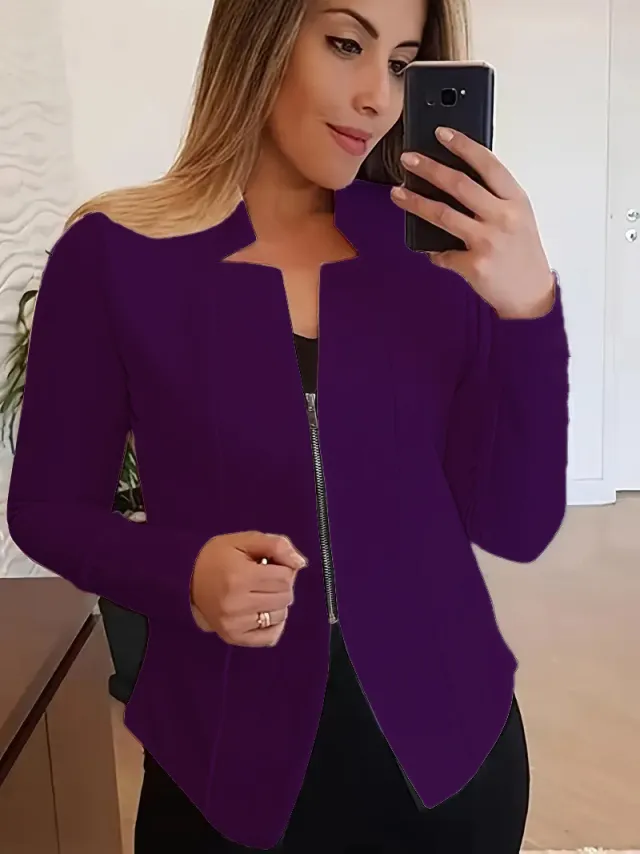 Women's Solid Color Top Zipper Jacket Small Suit Purple - Shop at LoveMi