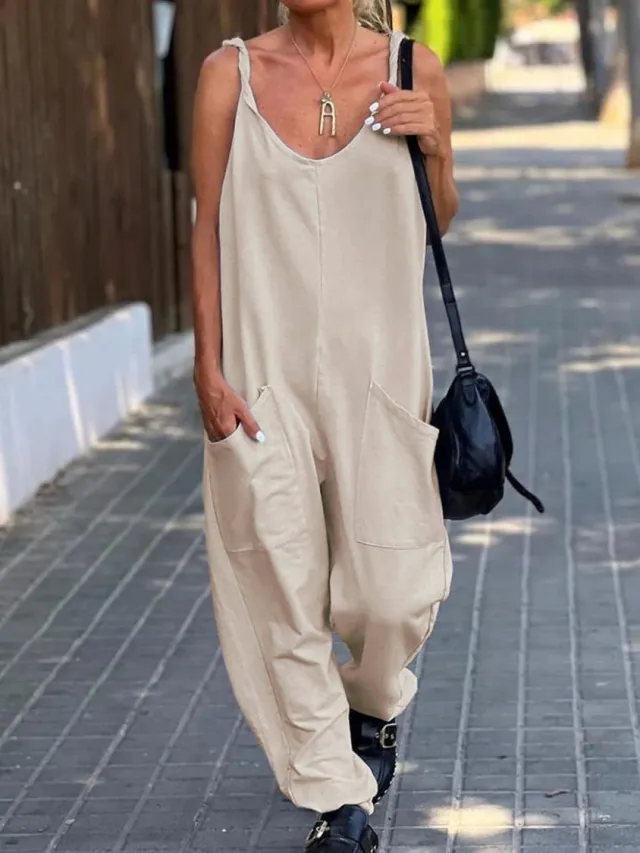 Women's Minimalist Solid Color Casual Jumpsuit Apricot - Shop at LoveMi