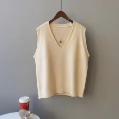 Preppy Style V-neck Loose And Idle Sleeveless Waistcoat - Beige Apricot - View 1