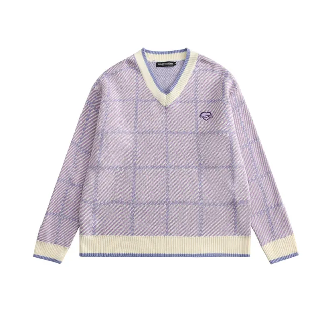 College Style V neck Stitching Couple Sweater Purple - Shop at LoveMi