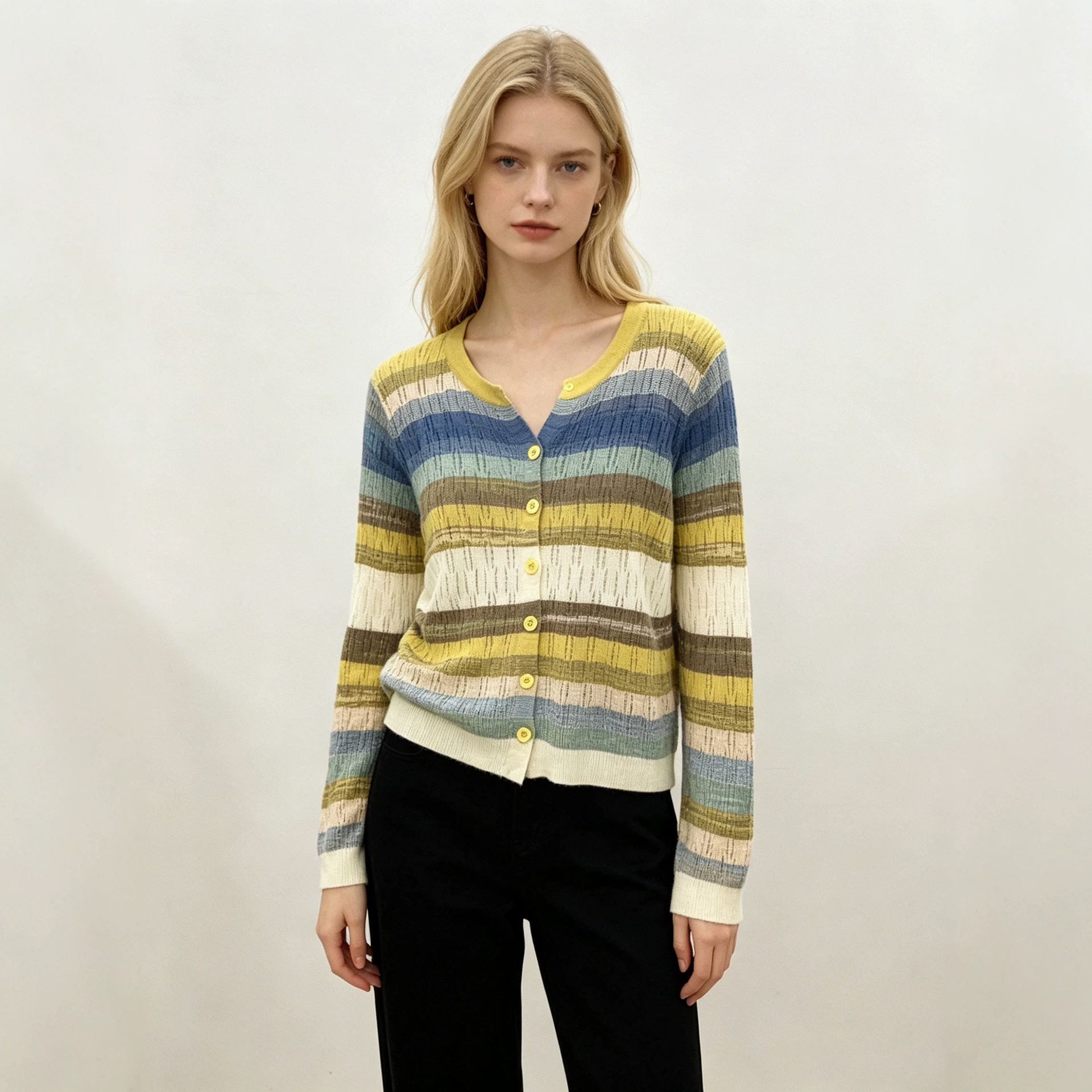 Womens Hollow-Out Color-Block Striped V-Neck Knitted Cardigan Top