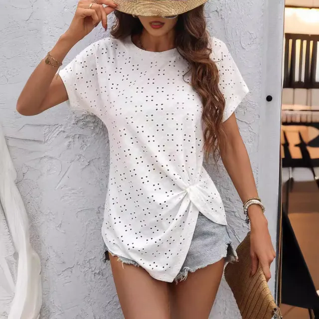 Fashion Casual Women's Solid Color Fresh Jacquard Pleated Round Neck T shirt White - Shop at LoveMi