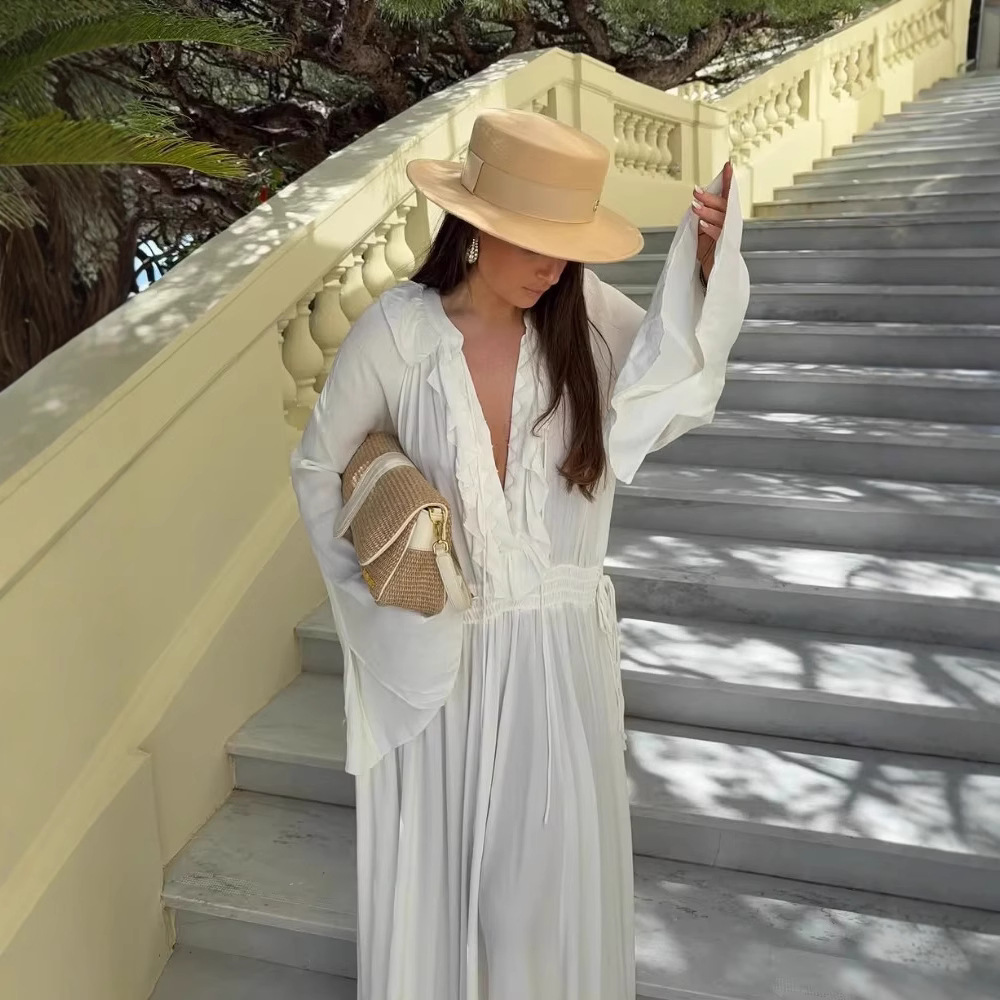 Collar Lace-up White Long Sleeve Dress