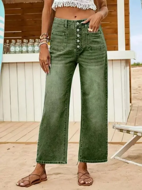 Button Elastic Loose Denim Shorts Green - Shop at LoveMi