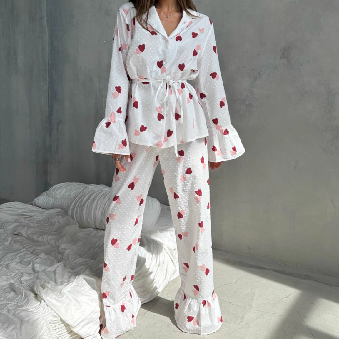 Heart Print Long Sleeve Pajama Set - Women's Long Pants Sleepwear with Ruffled Hem