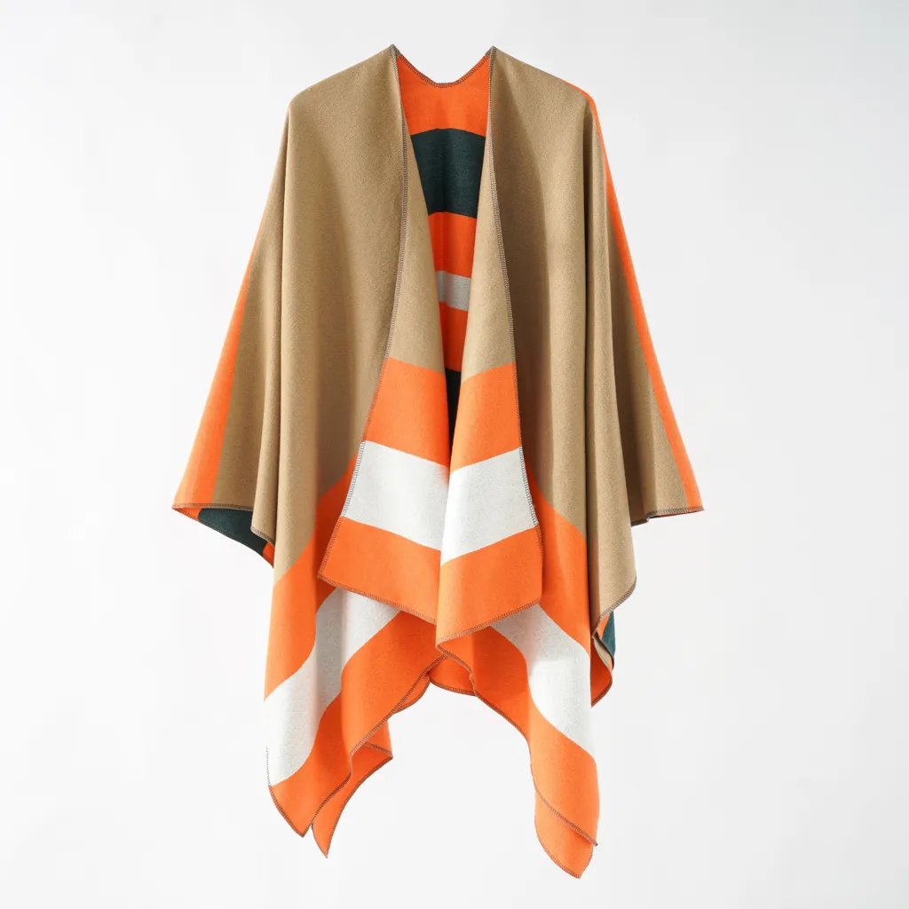 Double-sided Color Matching Plaid Cashmere-like Shawl Outer Match Cape Coat - Dark Khaki Cloth Orange