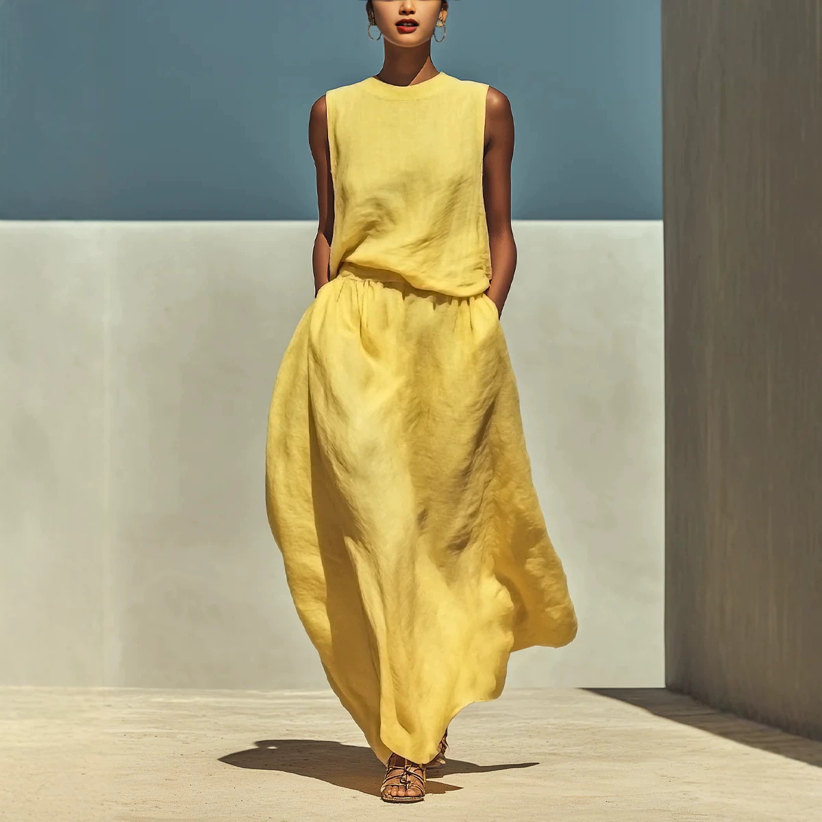 Sleeveless Top And Loose Flared Midi Skirt Two-piece Set
