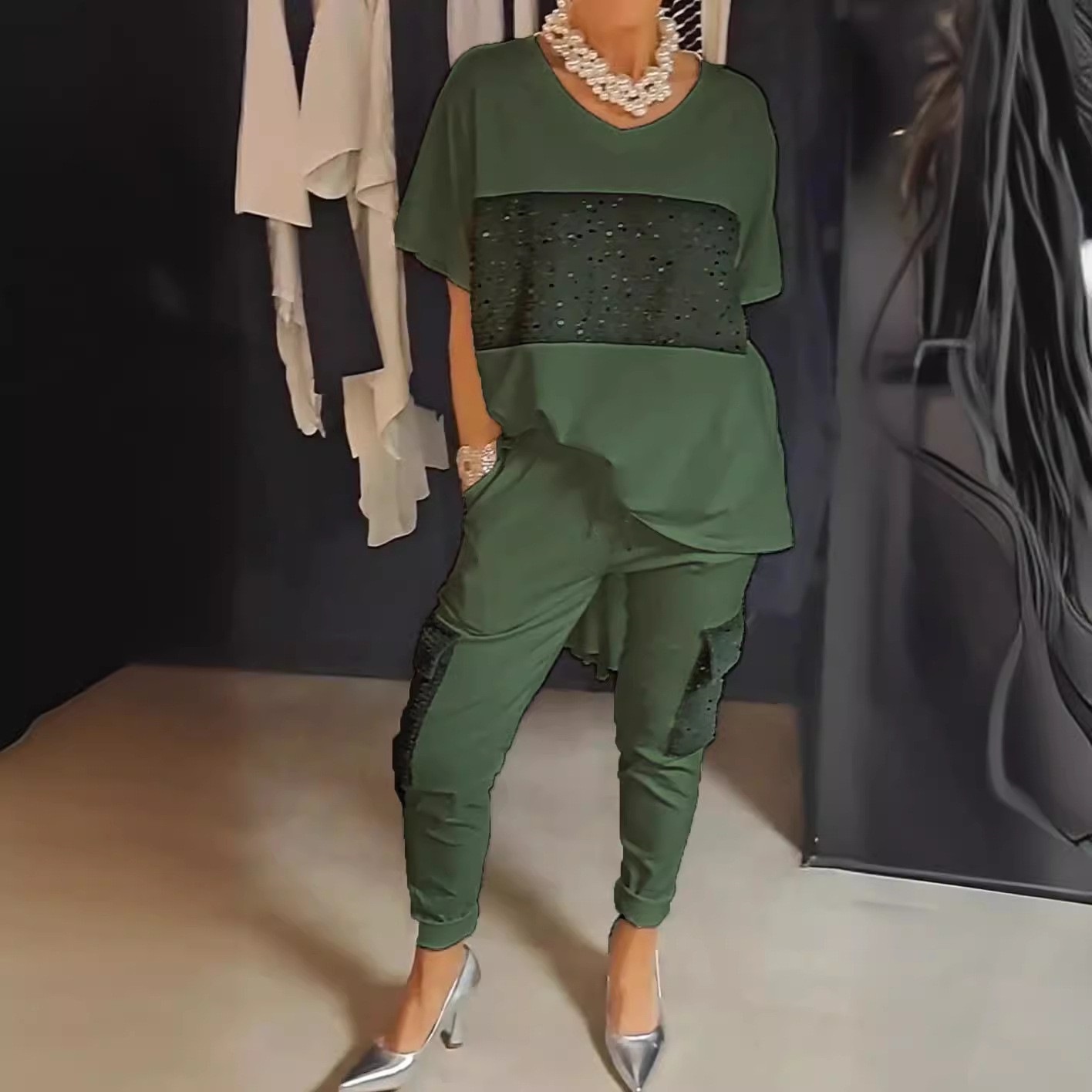 Plus Size Women's Casual Summer Temperament Leisure Short Sleeve Top And Trousers Suit Green - Shop at LoveMi